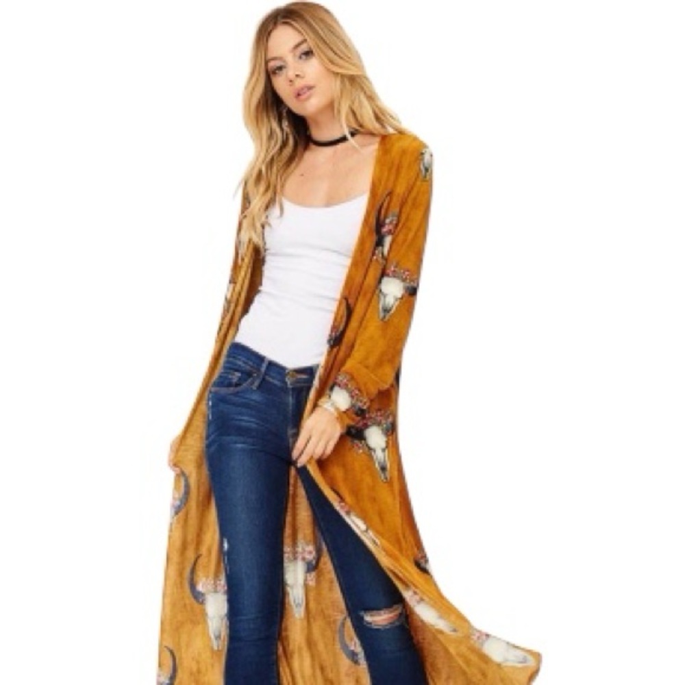 Moa Moa Women’s Lightweight Long Western Mustard Duster-with Bull Heads S - Picture 2 of 12